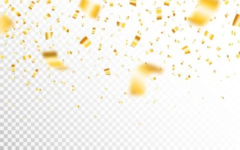 Gold confetti isolated on transparent backdrop. Defocused falling golden Stock Illustration