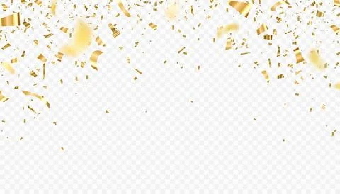 Gold confetti vector background. Falling bright golden festive tinsel. Holiday Stock Illustration
