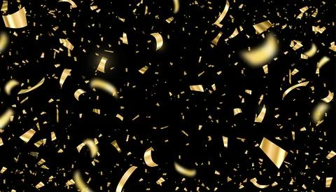 Gold confetti vector illustration. Falling bright golden festive tinsel on black Stock Illustration