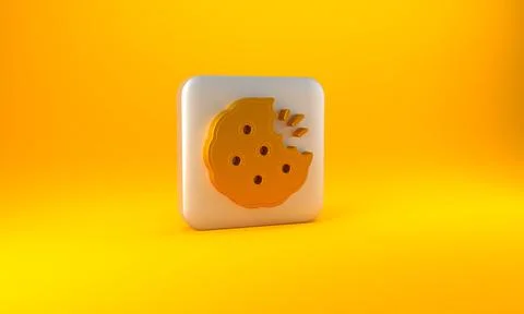 Gold Cookie or biscuit with chocolate icon isolated on yellow background. Sil Stock Illustration