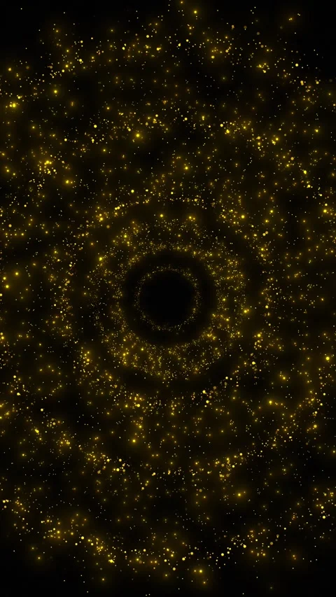 Gold cosmic dust vortex scene sparkling particle rings, dark center void, glowin Stock Footage 340398008