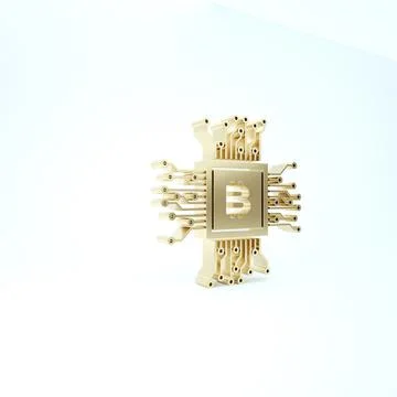 Gold CPU mining farm icon isolated on white background. Bitcoin sign inside p 스톡 일러스트