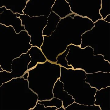 Gold crack on black background. Vector seamless pattern. Antique Kintsugi Stock Illustration