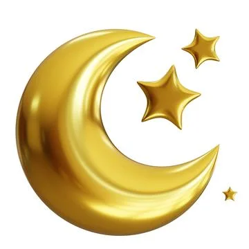 A gold crescent moon is shown with three golden stars on a clear background.  Stock Illustration