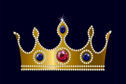 Gold crown on dark background ruby sapphire pearls. Vector 스톡 일러스트