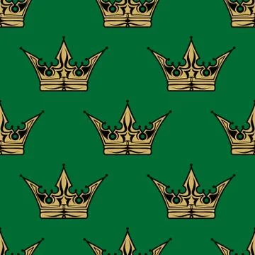 Gold crown on green in a seamless pattern Stock Illustration