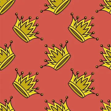 Gold crown icon seamless pattern. Simple crowning, queen or king yellow cro.. Illustrazione stock
