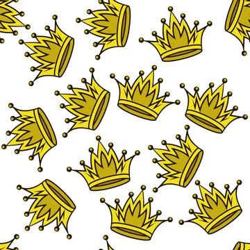 Gold crown icon seamless pattern. Simple crowning, queen or king yellow cro.. Illustrazione stock
