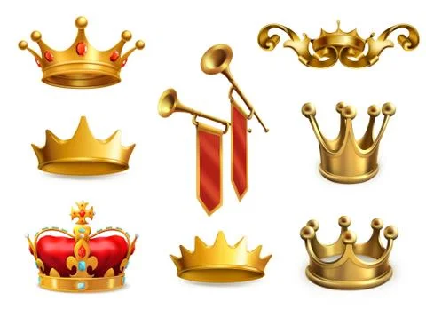 Gold crown of the king. 3d vector icon set Stock Illustration