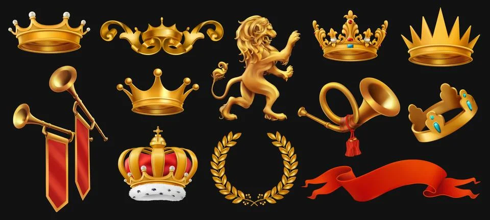 Gold crown of the king. Laurel wreath, trumpet, lion, ribbon. 3d vector icon  Stock Illustration