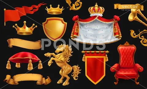 Gold crown of the king. Royal chair, mantle, pillow. 3d vector icon set on bl Stock Illustration