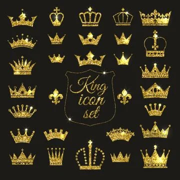 Gold crown set. Glitters set of king crowns. Stock Illustration