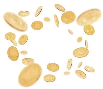 Gold cryptocoin Bitcoin explosion. Isolated on white Foto stock