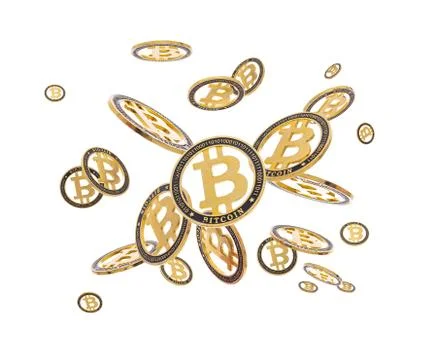 Gold cryptocoin Bitcoin explosion. Isolated on white Stock Photos