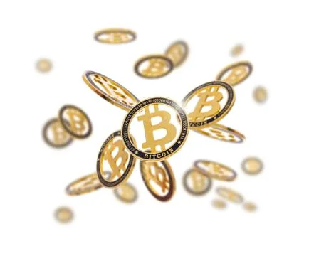 Gold cryptocoin Bitcoin explosion. Isolated on white Stock Photos