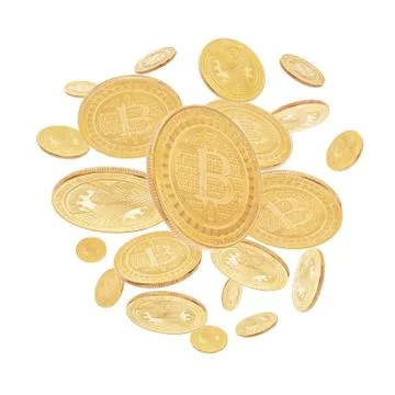 Gold cryptocoin Bitcoin explosion. Isolated on white Stock Photos