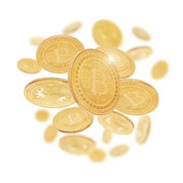 Gold cryptocoin Bitcoin explosion. Isolated on white Foto stock