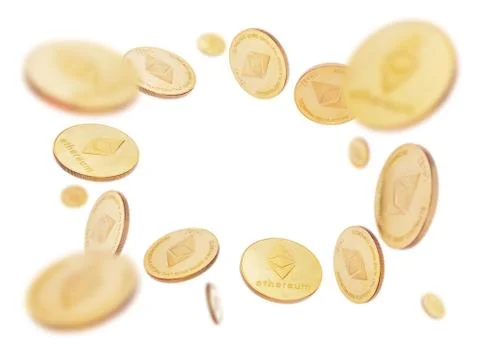 Gold cryptocoin etherum explosion. Isolated on white Stock Photos