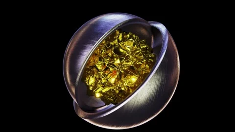 Gold crystal-like nugget inside of two brushed silver metal hemispheres Stock Footage 270164075