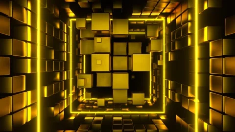 Gold Cubic Entity Move Through Tunnel Background VJ Loop in 4K Stock Footage 293191664