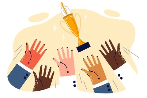 Gold cup for good teamwork over people hands symbolizes collaboration to achieve Ilustração Stock