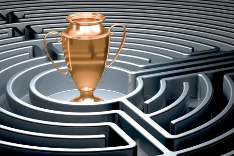 Gold cup inside labyrinth maze. 3D rendering Stock Illustration