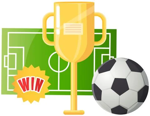 Gold cup near football ball poster of sport game competition, championship cup Stock Illustration