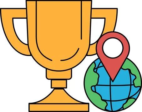 A gold cup with a red dot on it and a globe in the background Illustrazione stock
