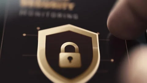 Gold Cybersecurity Shield With Padlock For Cluster Protection 4K Vidéo 341334986