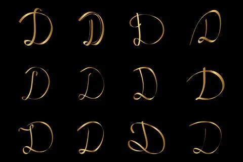 Gold D Letter Initial Cursive Hand Written Calligraphic Alphabet Set for Lo.. Stock Illustration