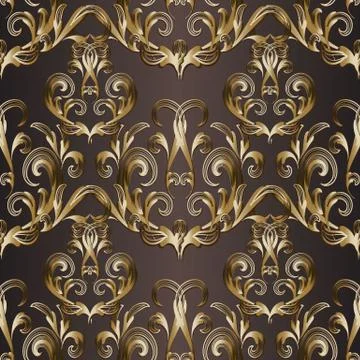 Gold damask seamless pattern. Vector Baroque background. Wallpaper. Hand draw Stock Illustration