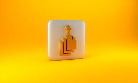 Gold Data export icon isolated on yellow background. Silver square button. 3D Stock Illustration