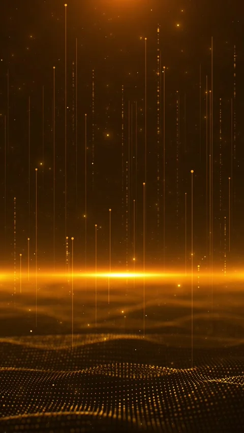 Gold data mesh horizon background glowing vertical streams, soft particle stars, 스톡 동영상 340418503