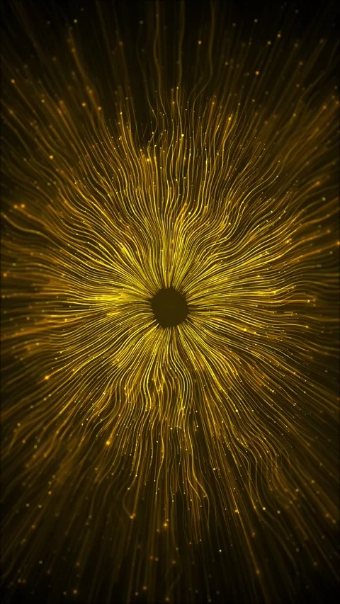 Gold data vortex light tunnel circular fiber streams, glowing particles, black c Stock Footage 340397777