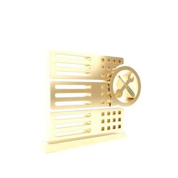 Gold Database server with screwdriver and wrench icon isolated on white backg 스톡 일러스트