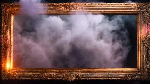 A gold decorated rectangular picture frame with dark dry ice smoke emanatin.. Vídeos de archivo 273954231