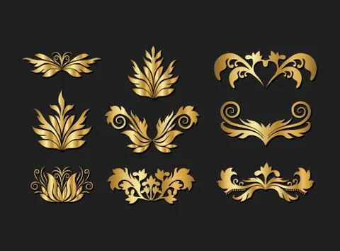 Gold decorative leaves elements set vector design 스톡 일러스트
