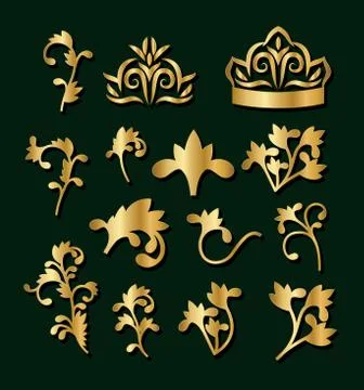 Gold decorative leaves elements set vector design 스톡 일러스트