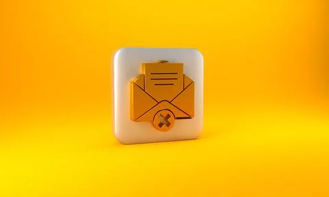 Gold Delete envelope icon isolated on yellow background. Delete or error letter 스톡 일러스트