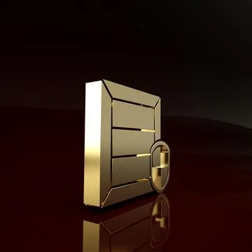Gold Delivery pack security with shield icon isolated on brown background. De Stock Illustration