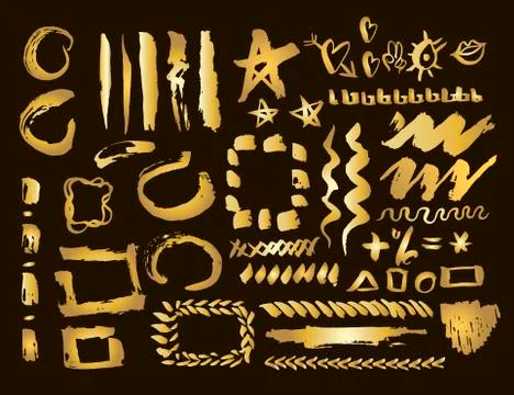 Gold design elements set. Brush strokes and borders.Golden stain set. Vecto.. Stock Illustration