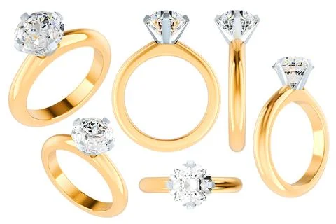 Gold diamond engagement ring, different angles views. 3D rendering Stock Illustration