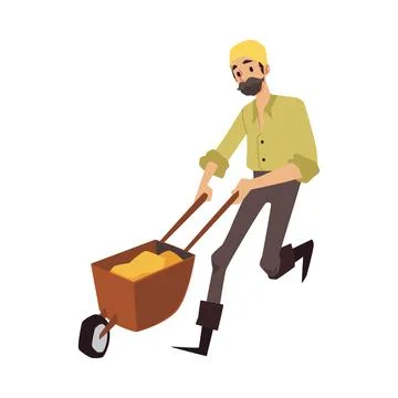 Gold digger, pitman or prospector with cart, flat vector illustration isolated. Illustrazione stock