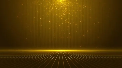 Gold digital perspective floor visual glowing horizon line, floating dust, cinem Stock Footage 340525191
