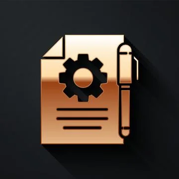 Gold Document settings with gears icon isolated on black background. Software Stock Illustration
