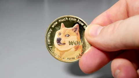 Gold dogecoin coin held between fingers in hand on gey table Stock Footage 161376307