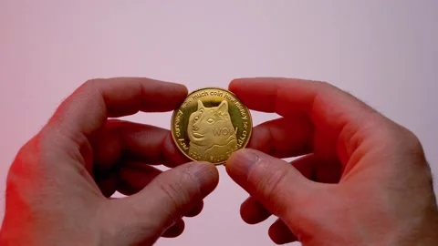 Gold Dogecoin cryptocurrency in hands. Stock Footage 292270712