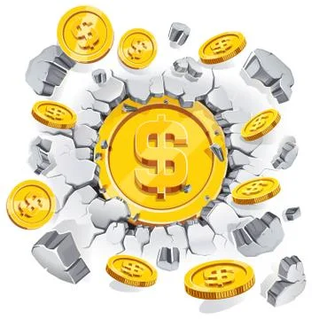 The gold dollar coin breaking through the concrete wall background. Stock Illustration
