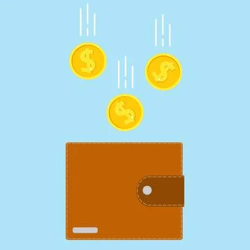 Gold dollar coins falling down into brown leather wallet vector financial Stock Illustration