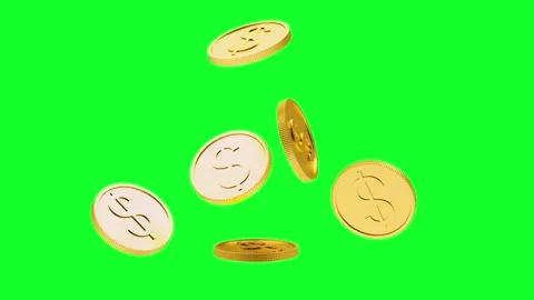 Gold dollar coins falling on green screen, 3D animation. Stock Footage 336072942